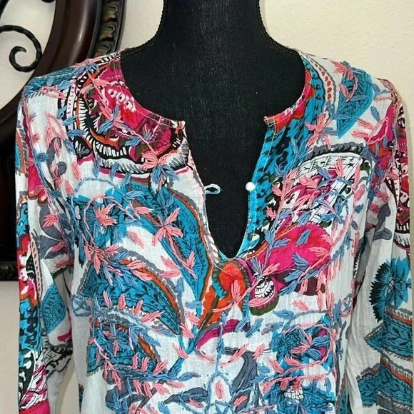 Raj Women's Hand Embroidered Floral Paisley Tunic Dress Beach Cover Up Medium - Picture 9 of 14
